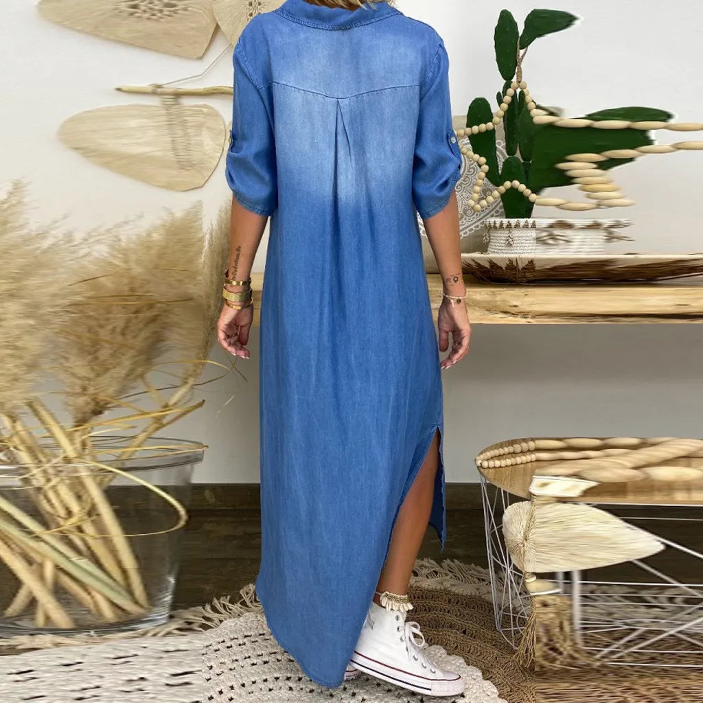 Lea™ – Seitenschlitz Langes Jeanskleid