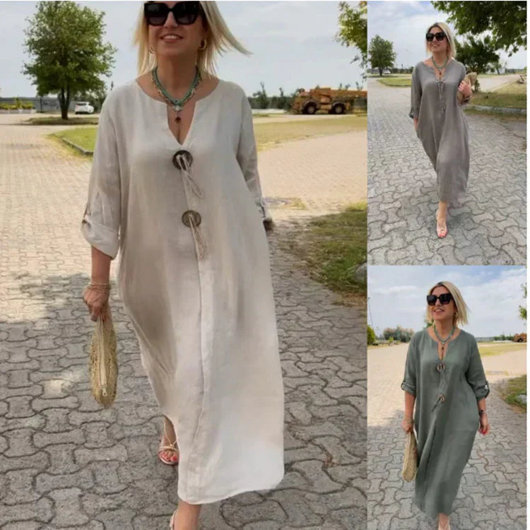 Naela™-Stilvolles Leinenkleid mit V-Ausschnitt