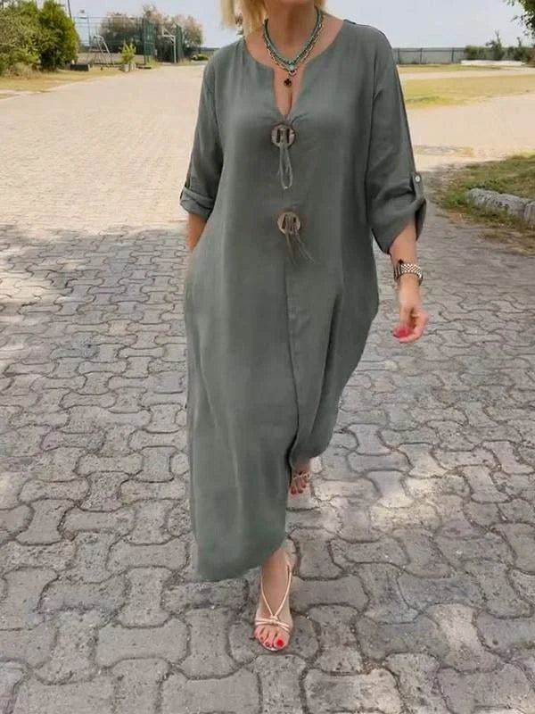 Naela™-Stilvolles Leinenkleid mit V-Ausschnitt
