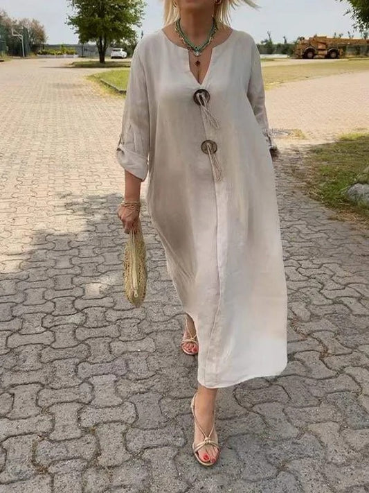 Naela™-Stilvolles Leinenkleid mit V-Ausschnitt