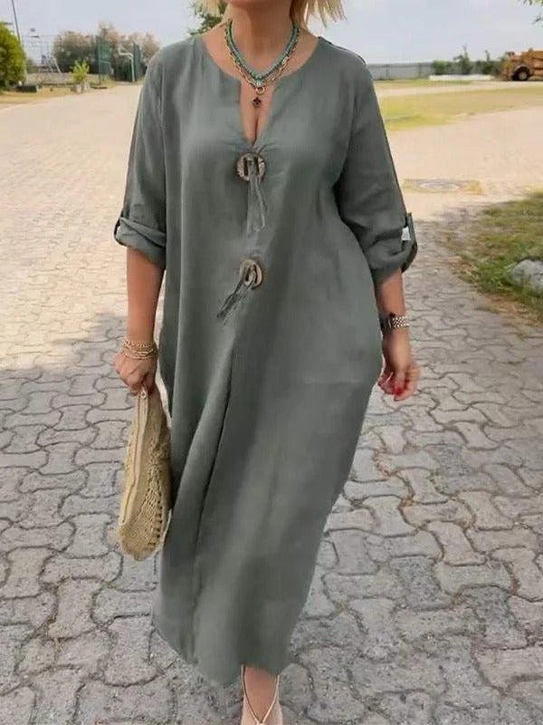 Naela™-Stilvolles Leinenkleid mit V-Ausschnitt